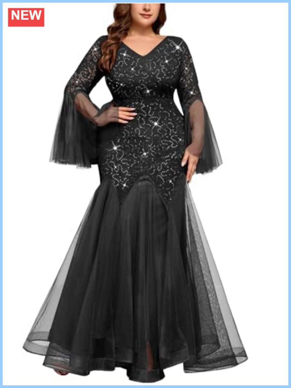 Plus Size Sequin Mermaid Tulle V-Neck Formal Evening Gown Maxi Dress